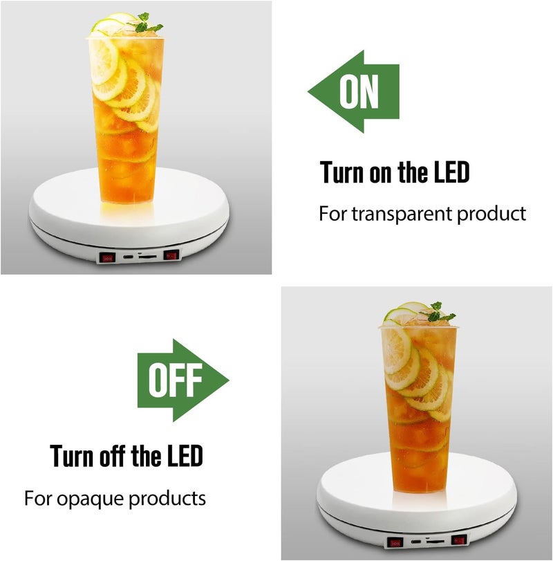 JAYEGT Motorized Rotating Display Stand with LED Light , 10 inch /55lbs Load, 360 Turntable Display Stand for Photography Products Shows, Jewelry, Watch (White / White LED Light/ Rechargeable ) - Image 2